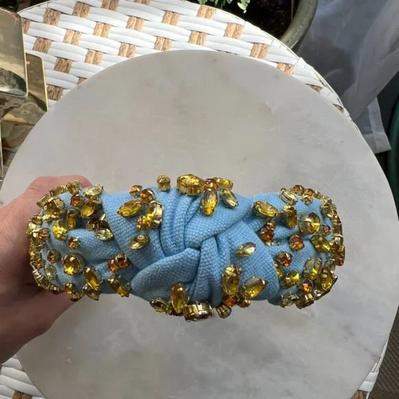 Lele Sadoughi Classic Knotted Blue Headband Amber & Gold Gems